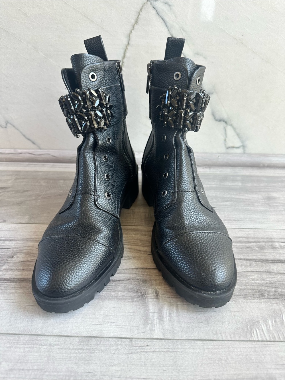 Karl Lagerfeld Black Embellished Combat Boots